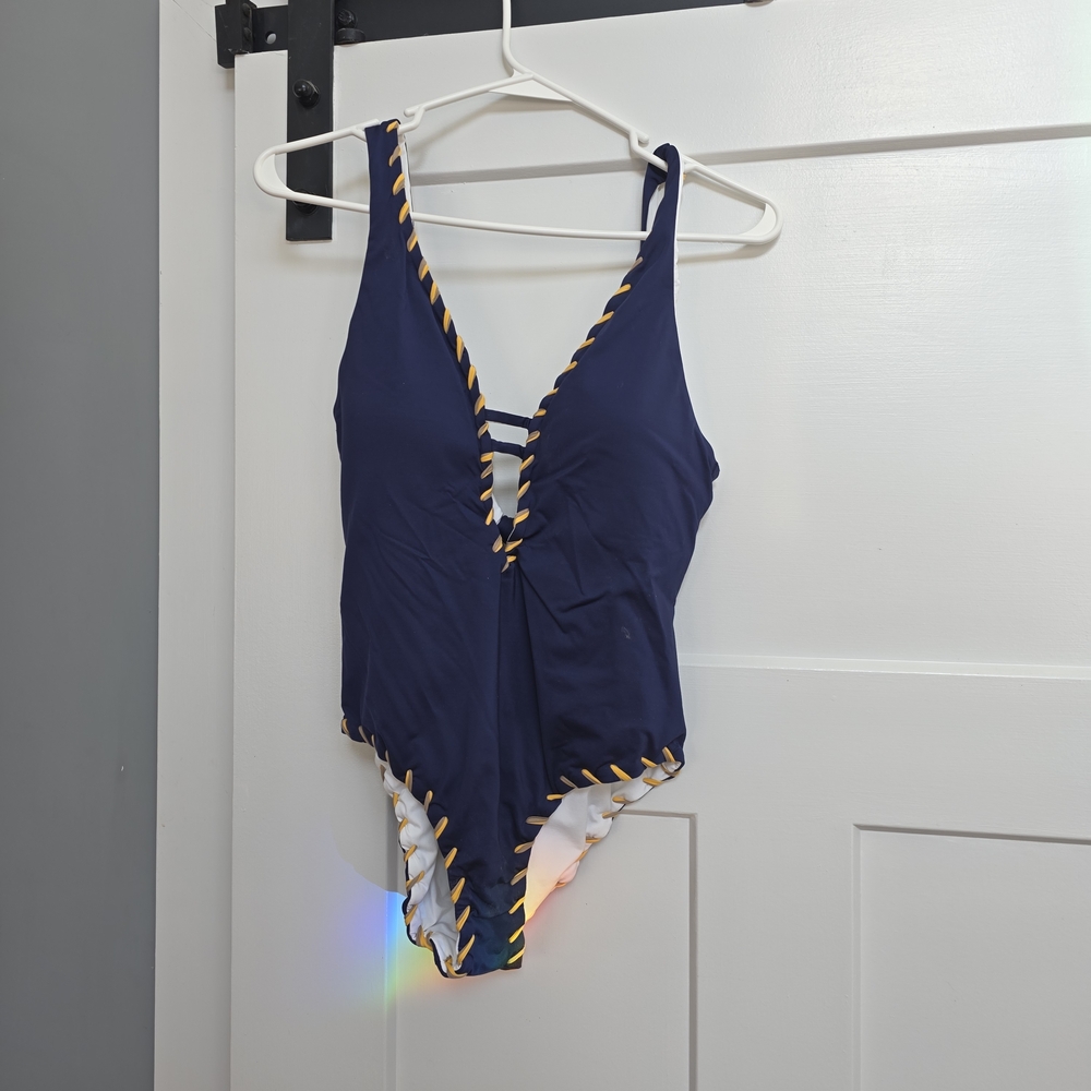 Ralph Lauren Navy and Yellow Trim One Piece Swimsuit